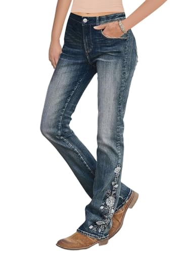 Flamingals Damen Blumenstickerei Mid Waist High Stretch Bootcut Jeans mit Taschen, Marineblau, 4X-Groß von Flamingals