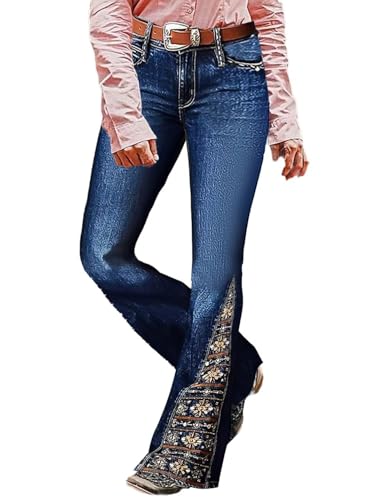 Flamingals Damen Bootcut Jeans mit Blumenstickerei, mittelhohe Taille, hohe Dehnbarkeit, mit Taschen, Denim Deep Blue, X-Groß von Flamingals