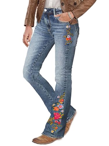 Flamingals Damen Bootcut Jeans mit Blumenstickerei, mittlere Taille, Freizeithose, Sky Mid Blue, M von Flamingals