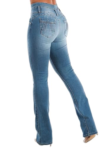 Flamingals Damen Butt Lifting Jeans für Frauen Trendige Bauchkontrolle Jeans Stretch Denim Pants, Mittleres Blau, Groß von Flamingals