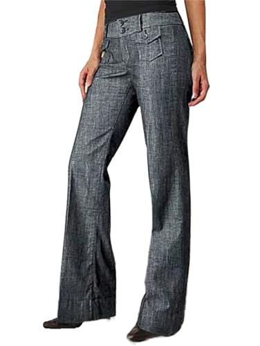 Flamingals Damen Jeans Solide Zweireiher Tasche Straight Leg Jeans, Grau, M von Flamingals