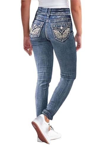 Flamingals Damen Jeans bestickt Mid Rise Skinny Leg Jeans Doppelknopf Freizeithose, Hell, blau, X-Groß von Flamingals