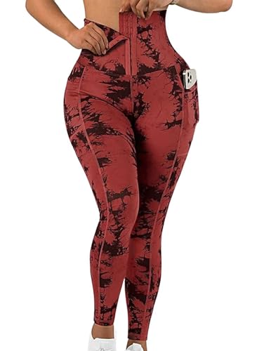 Flamingals Damen-Leggings mit hoher Taille, Batik-Tasche, seitlicher Po, Lifting, Workout, Leggings für Damen, Rot/Ausflug, einfarbig (Getaway Solids), S von Flamingals