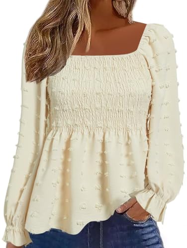 Flamingals Damen Langarm Schößchen Bluse Quadratischer Ausschnitt Niedlich Elegant Rüschen Gesmokte Babydoll Shirts, Beige, Mittel von Flamingals