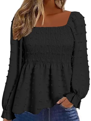 Flamingals Damen Quadratischer Ausschnitt Geraffte Rüschen Bluse Gesmoktes Schößchen Elegant Langarm Bluse Shirt, Schwarz, X-Groß von Flamingals