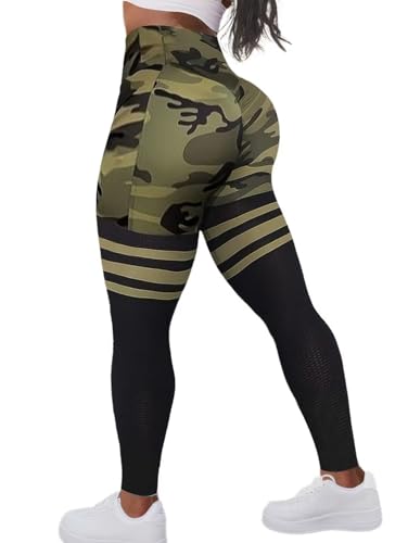 Flamingals Damen-Sport-Leggings, Camouflage-Muster, mit Klappentaschen, Scrunch-Po, hohe Taille, Freizeithose, Grün / Schwarz, X-Klein von Flamingals