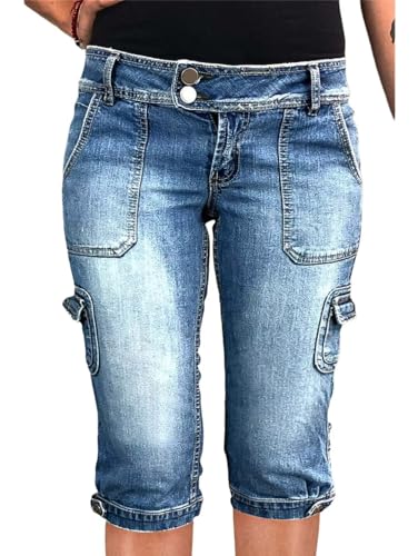 Flamingals Damen Star Flap Pocket Side Vintage Sommer Low Waist Skinny Cargo Capris Jeans, Mittleres Blau, X-Groß von Flamingals