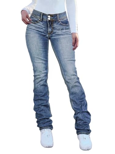 Flamingals Jeans mit geradem Bein für Damen, dehnbar, mittlere Taille, Doppelknopf-Waschung, solide Skinny-Jeans, Hellblaue Waschung, X-Groß von Flamingals