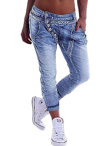 Flamingals Damen Stretchy 90S Vintage Low Waist Bootcut Straight Leg Button Up Jeans, Mittleres Blau, XX-Large von Flamingals