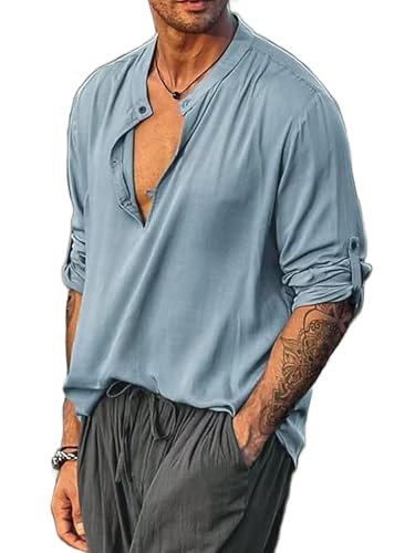 Flamingals Henley-Shirt für Herren, langärmelig, Knopfleiste vorne, Baumwollleinen-T-Shirt, Blau, XX-Large von Flamingals