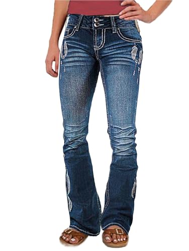 Flamingals Jeans Damen Ripped Bootcut Stretch Jeans Button Up Trendy 2023, Dunkles Marineblau , S von Flamingals