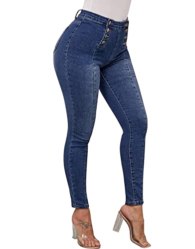 Flamingals Jeans für Frauen Butt Lifting Stretch Curvy Zweireiher Hohe Taille, Mittleres Blau, M von Flamingals