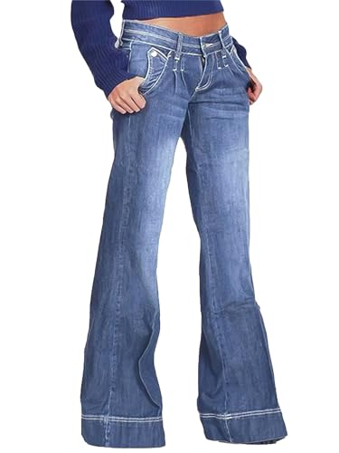 Flamingals Niedrige Leibhöhe, gerades Bein, weites Bein, Baggy-Jeans, Damen, Stretch, Boyfriend-, Schmetterlings-Schlaghose, Denim-Hose, Mittleres Blau, X-Klein von Flamingals
