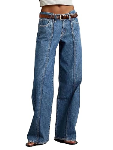 Flamingals Straight Leg Mid Rise Baggy Jeans Boyfriend Denim Strenchy Jeans ohne Gürtel, Mittleres Blau, X-Groß von Flamingals