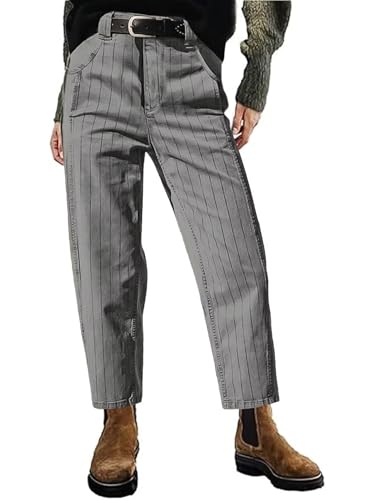 Flamingals Straight Leg Mid Waist Vintage Cropped Stripe Barrel Stretchy Jeans Without Belt, GRAU, X-Groß von Flamingals