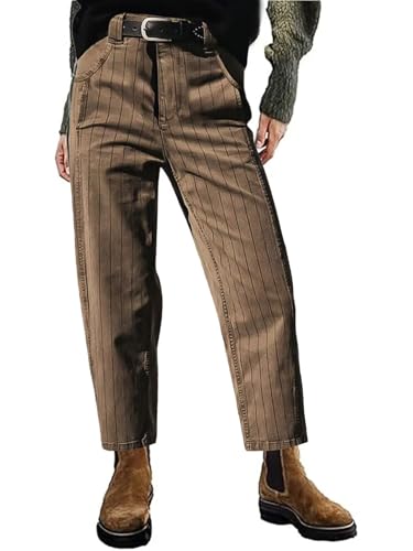 Flamingals Straight Leg Mid Waist Vintage Cropped Stripe Barrel Stretchy Jeans Without Belt, Khaki, M von Flamingals