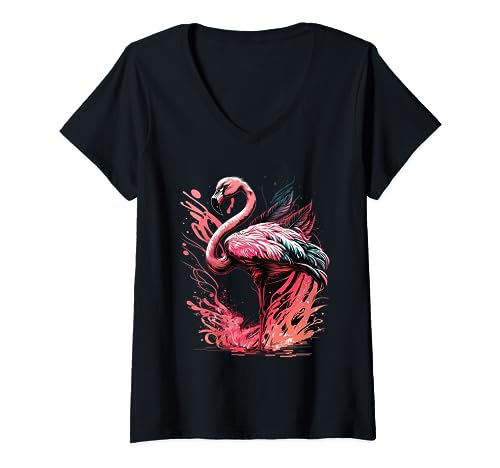 Damen Flamingo-Spritzer T-Shirt mit V-Ausschnitt Damen Flamingo-Spritzer T-Shirt mit V-Ausschnitt von Flamingo-Bekleidung