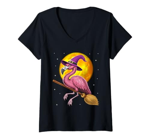Damen Flamingo Hexe auf Besen reitend Halloween Gruselig Lustig T-Shirt mit V-Ausschnitt Damen Flamingo Hexe auf Besen reitend Halloween Gruselig Lustig T-Shirt mit V-Ausschnitt von Flamingo Bird Funny Flamingo Lover