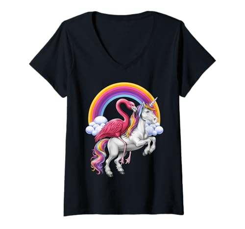 Damen Flamingo reitet Einhorn Regenbogen Magische Fabelwesen T-Shirt mit V-Ausschnitt Damen Flamingo reitet Einhorn Regenbogen Magische Fabelwesen T-Shirt mit V-Ausschnitt von Flamingo Bird Funny Flamingo
