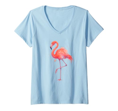 Damen Rosa Flamingo Aquarell Kunst Malerei Stil Tropischer Vogel T-Shirt mit V-Ausschnitt Damen Rosa Flamingo Aquarell Kunst Malerei Stil Tropischer Vogel T-Shirt mit V-Ausschnitt von Flamingo Bird Prints Co