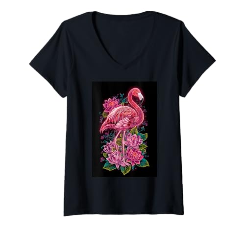 Damen Flamingo Lotus Dschungel Tropische Blume Vogel T-Shirt mit V-Ausschnitt Damen Flamingo Lotus Dschungel Tropische Blume Vogel T-Shirt mit V-Ausschnitt von Flamingo Blossom Tropical Paradise