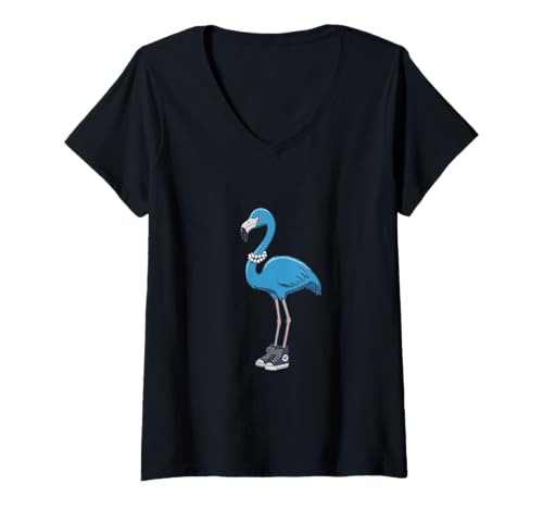 Damen 47 Harris Chucks and Pearls Blauer Flamingo T-Shirt mit V-Ausschnitt von Flamingo Chucks Pearls