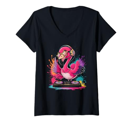 Damen Flamingo DJ Geschenk Mit Kopfhörer Party Konzert Mädchen T-Shirt mit V-Ausschnitt Damen Flamingo DJ Geschenk Mit Kopfhörer Party Konzert Mädchen T-Shirt mit V-Ausschnitt von Flamingo DJ Tshirt Frauen Festival Party Feiern