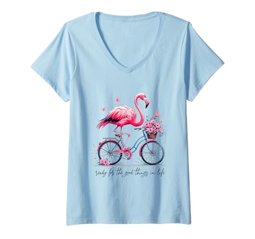 Damen Flamingo mit Fahrrad, Pink Flamingo Motto, Rosa Flamingo T-Shirt mit V-Ausschnitt von Flamingo Deko, Flamingo Hemd, Flamingo Shirt Damen