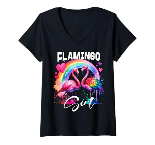 Damen Flamingo Mädchen Flamingo T-Shirt mit V-Ausschnitt Damen Flamingo Mädchen Flamingo T-Shirt mit V-Ausschnitt von Flamingo Designs Damen