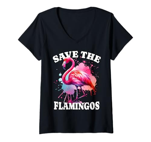 Damen Flamingo Save Flamingo T-Shirt mit V-Ausschnitt Damen Flamingo Save Flamingo T-Shirt mit V-Ausschnitt von Flamingo Designs Für Damen Und Herren