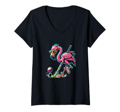Damen Hockey Flamingo Mit Sonnenbrille Feldhockey T-Shirt mit V-Ausschnitt von Flamingo Feldhockey Spieler Mit Style