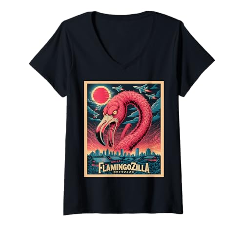 Damen Lustiges Flamingozilla Flamingo T-Shirt mit V-Ausschnitt von Flamingo Geschenke Herren Damen Jungen Mädchen
