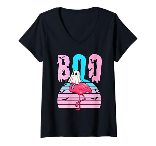 Damen Flamingo Ghost Boo Pink Halloween Costume Flamingo Lover T-Shirt mit V-Ausschnitt Damen Flamingo Ghost Boo Pink Halloween Costume Flamingo Lover T-Shirt mit V-Ausschnitt von Flamingo Ghost Boo Pink Sunset Retro Halloween Tee