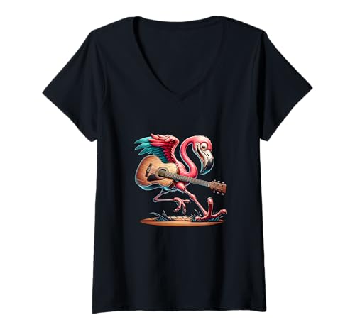 Damen Rockender Flamingo Mit Akustikgitarre Musik Party T-Shirt mit V-Ausschnitt Damen Rockender Flamingo Mit Akustikgitarre Musik Party T-Shirt mit V-Ausschnitt von Flamingo Gitarre Musik Sommer Festival Strand