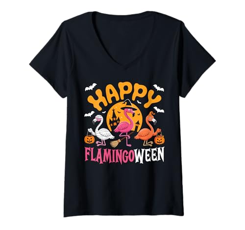 Damen Happy Flamingoween Ghost Spooky Halloween Flamingo Bird T-Shirt mit V-Ausschnitt von Flamingo Halloween Gifts Co.