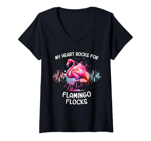 Damen Flamingo EKG Flamingo Flock Flamingo T-Shirt mit V-Ausschnitt Damen Flamingo EKG Flamingo Flock Flamingo T-Shirt mit V-Ausschnitt von Flamingo Herzlinie Für Herren Und Damen