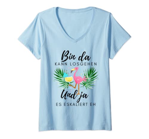 Damen Flamingo Bin da kann losgehen und ja es eskaliert eh T-Shirt mit V-Ausschnitt Damen Flamingo Bin da kann losgehen und ja es eskaliert eh T-Shirt mit V-Ausschnitt von Flamingo Junggesellinnenabschied und Mädelsabend