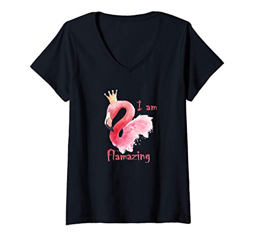 Damen I'm Flamazing Lustiges Pinker Flamingo Damen T-Shirt mit V-Ausschnitt von Flamingo Kleid Party Damen Motive und co