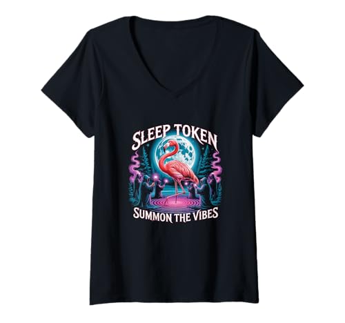 Damen Flamingo Ritual Sleep Token Ästhetische Mondstimmung T-Shirt mit V-Ausschnitt Damen Flamingo Ritual Sleep Token Ästhetische Mondstimmung T-Shirt mit V-Ausschnitt von Flamingo Lover Dark Humor Fan - DressedForDuty