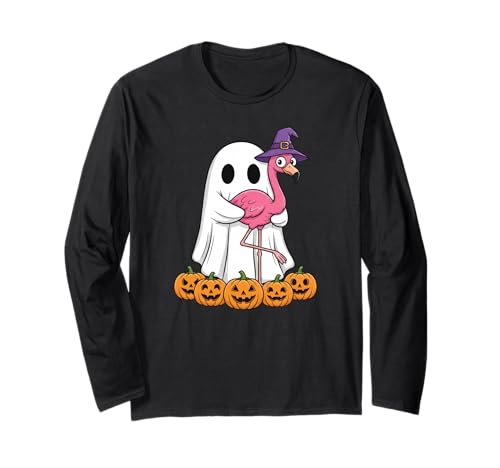 Lustiger Geist Flamingo Kürbis Halloween Kinder Herren Damen Langarmshirt von Flamingo Lovers Cute Halloween Outfits Boy Girl
