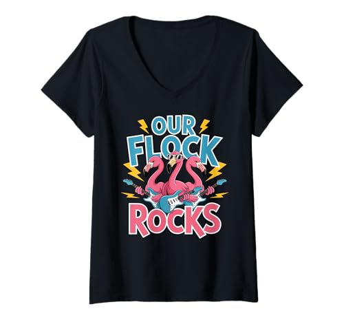 Damen Our Flock Rocks Flamingo spielt Gitarre, Rocker, lustig T-Shirt mit V-Ausschnitt von Flamingo Matching Family Vacation Summer