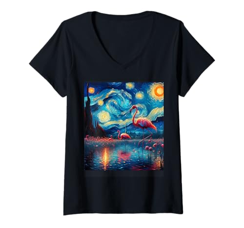Damen Flamingo Starry Night Flamingo T-Shirt mit V-Ausschnitt Damen Flamingo Starry Night Flamingo T-Shirt mit V-Ausschnitt von Flamingo Motive Für Herren Und Damen