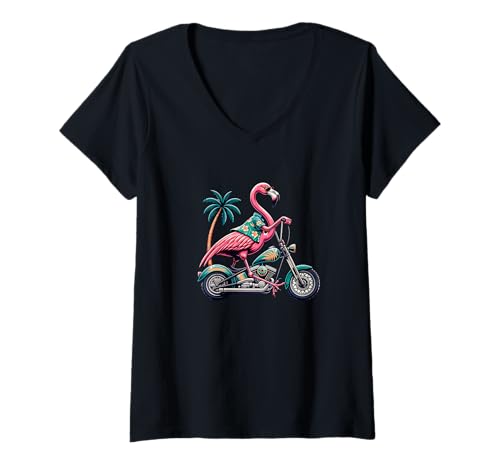 Damen Flamingo Auf Motorrad Mit Palmen Design T-Shirt mit V-Ausschnitt von Flamingo Motorrad Tropische Fahrt Spaß