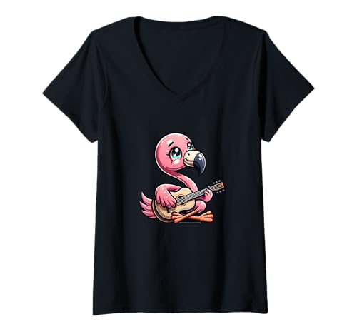 Damen Niedlicher Flamingo Mit Gitarre Musik Sommer Vibes T-Shirt mit V-Ausschnitt von Flamingo Musik Tropisch Gitarre Sommer Strand