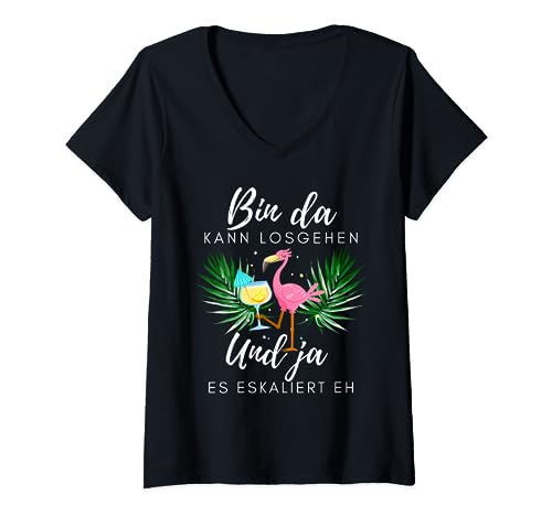 Damen Flamingo Partyspruch bin da kann losgehen T-Shirt mit V-Ausschnitt von Flamingo Outfit zur Mallorca Party und Mädelsabend