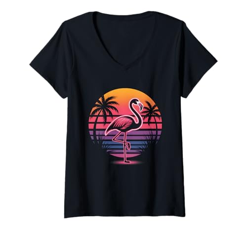 Damen Retro-Sonnenuntergang, Flamingo, Palmen und Bäume, Tropische 80er-Jahre-Atmosphäre T-Shirt mit V-Ausschnitt Damen Retro-Sonnenuntergang, Flamingo, Palmen und Bäume, Tropische 80er-Jahre-Atmosphäre T-Shirt mit V-Ausschnitt von Flamingo Palm a Trees Sunset Tropical 80s Vibe