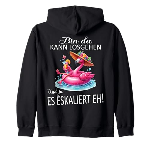 Bin da kann losgehen und ja es eskaliert eh Flamingo Frauen Kapuzenjacke Bin da kann losgehen und ja es eskaliert eh Flamingo Frauen Kapuzenjacke von Flamingo Partykostüm für Mädelsabend Partyshirt