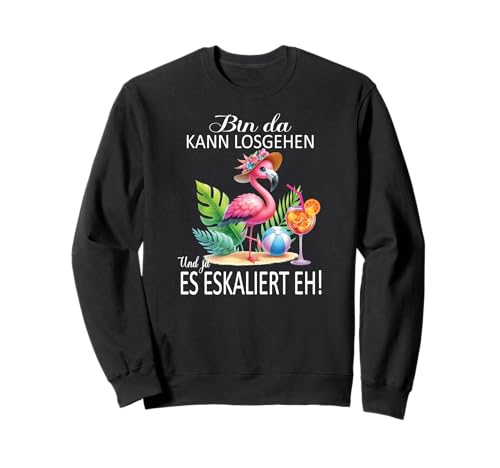 Bin da kann losgehen und ja es eskaliert eh Flamingo Frauen Sweatshirt von Flamingo Partykostüm für Mädelsabend Partyshirt