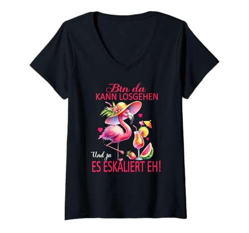 Damen Flamingo Bin da kann losgehen und ja es eskaliert eh Kostüm T-Shirt mit V-Ausschnitt von Flamingo Partykostüm für Mädelsabend Partyshirt
