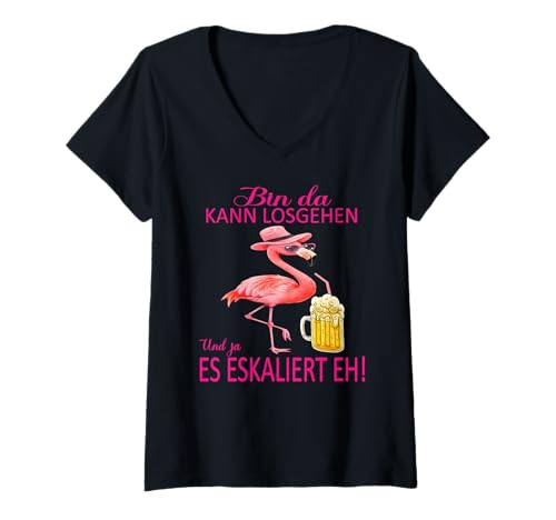 Damen Flamingo Bin da kann losgehen und ja es eskaliert eh Kostüm T-Shirt mit V-Ausschnitt von Flamingo Partykostüm für Mädelsabend Partyshirt